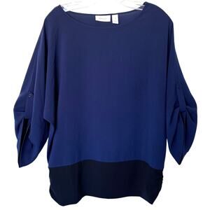 Chico's Wms M Blue Black Colorblock Tunic Top Roll Tab Minimalist Career Casual
